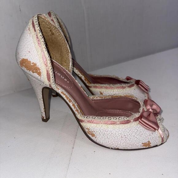 Y2K Delicious White Pink Lace Bows Ribbon Trim Stripper Peep Toe Pumps Size 9 - Picture 4 of 15